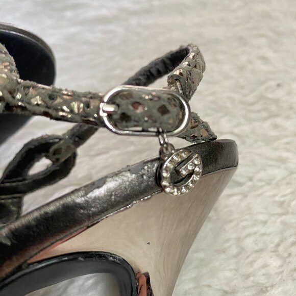 Vintage Guess Metallic Silver Snake Print Strapy Heels - Picture 13 of 14